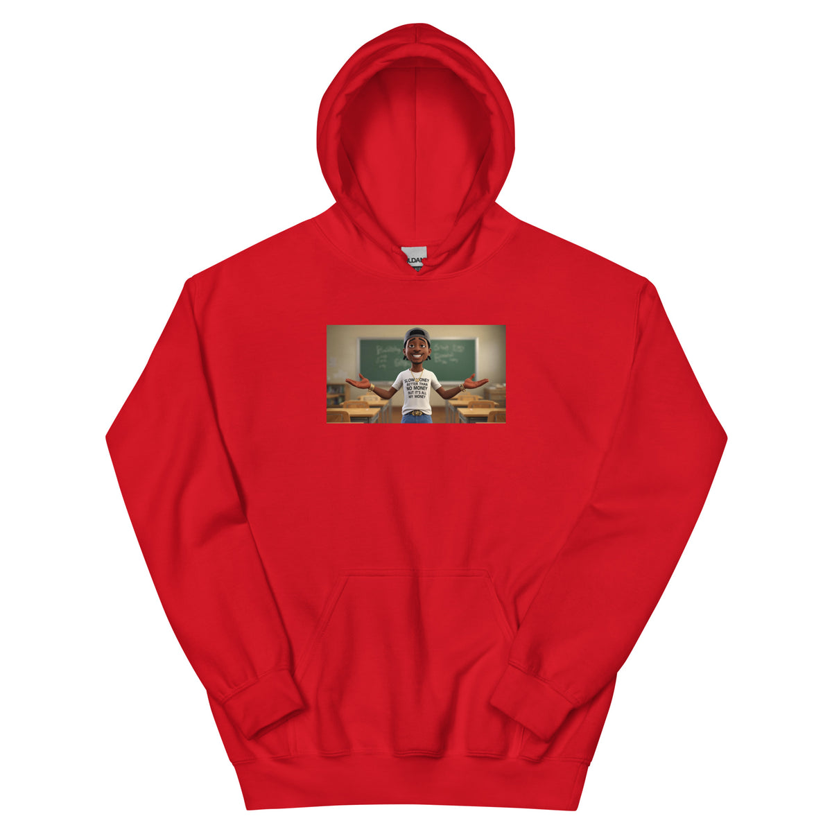 Red pullover hoodie with kangaroo pocket, adjustable hood, and small chest graphic.