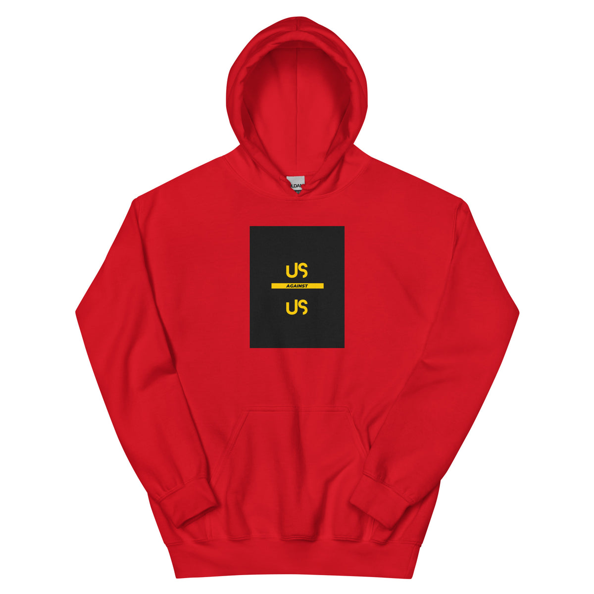 Unisex red pullover hoodie with yellow “US” chest graphic and front pouch pocket