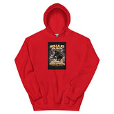 Red pullover hoodie with front graphic print and kangaroo pocket