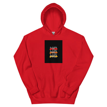 Red pullover hoodie with front square logo graphic and hood drawstring.