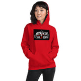 Red unisex hoodie with hood, kangaroo pocket, and graphic chest print