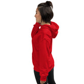 Red unisex hoodie side view with hood and front pocket