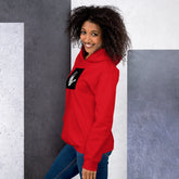 Unisex pullover hoodie, red, side view, with hood and front pocket
