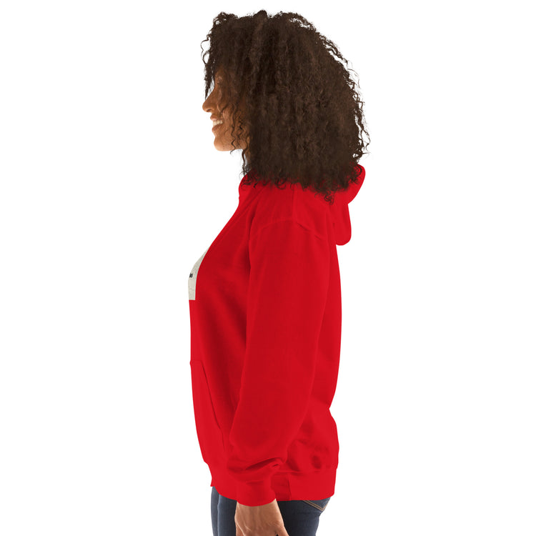 Red hoodie side view showing hood and sleeve shape with kangaroo pocket