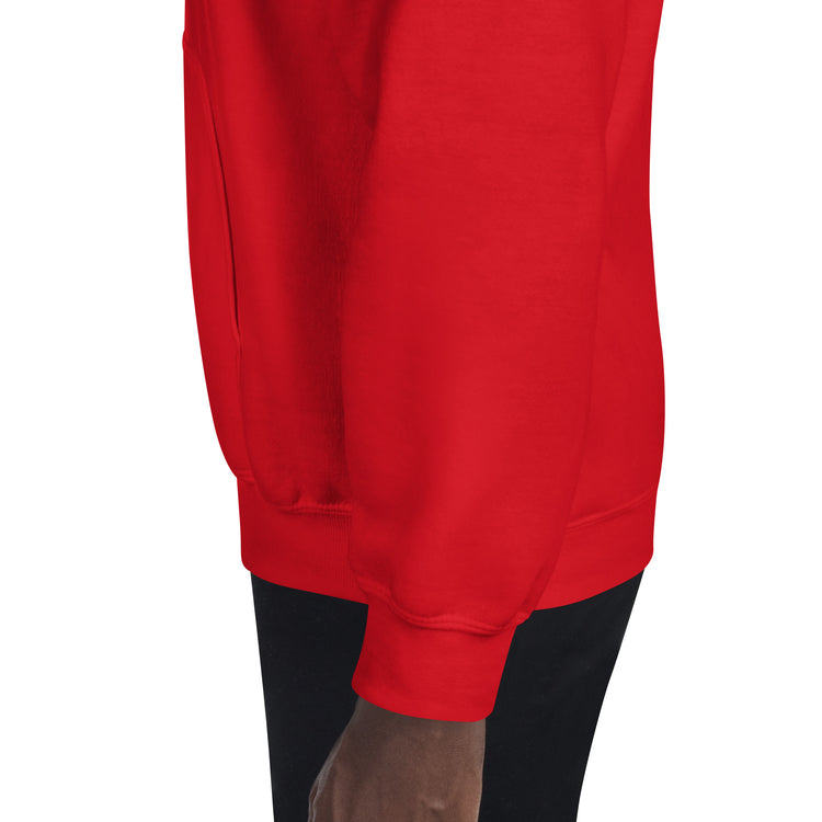 Red unisex hoodie with ribbed hem and kangaroo pocket