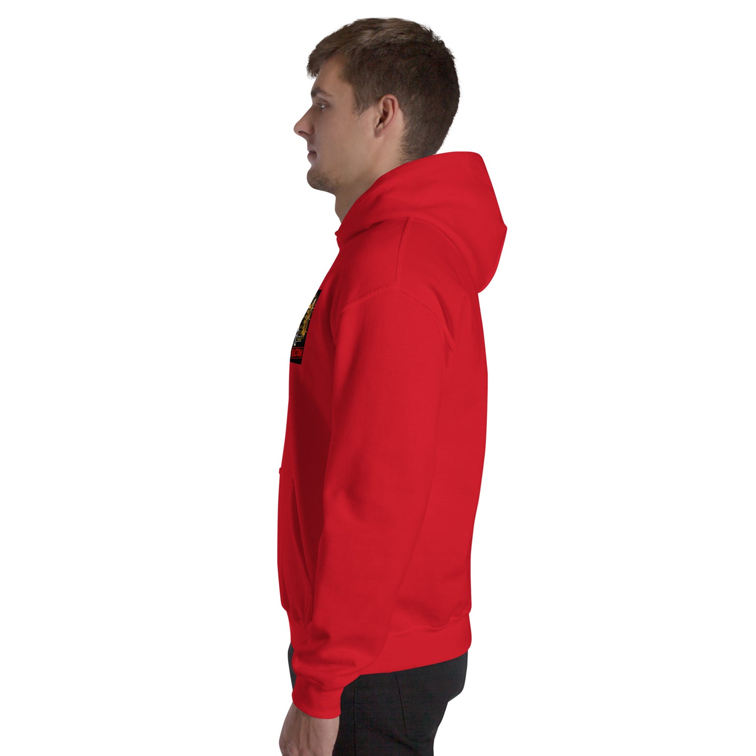 Red unisex hoodie side view with hood and partial sleeve graphic