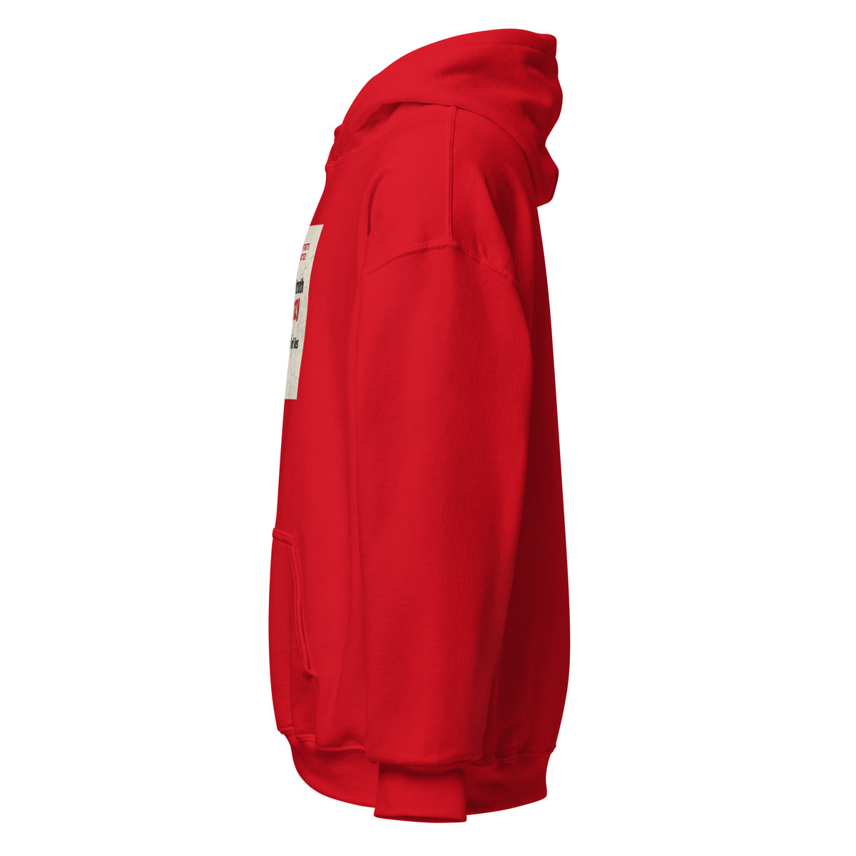 Red pullover hoodie with hood, kangaroo pocket, and long sleeves
