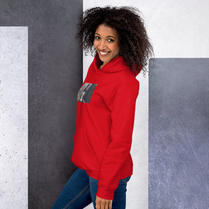 Red pullover hoodie with hood, front pouch pocket, and chest graphic print