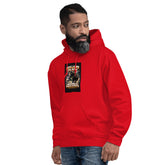 Unisex red hoodie with hood and front graphic print, side view