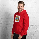 Red unisex hoodie with hood, front pouch pocket, and chest graphic print.