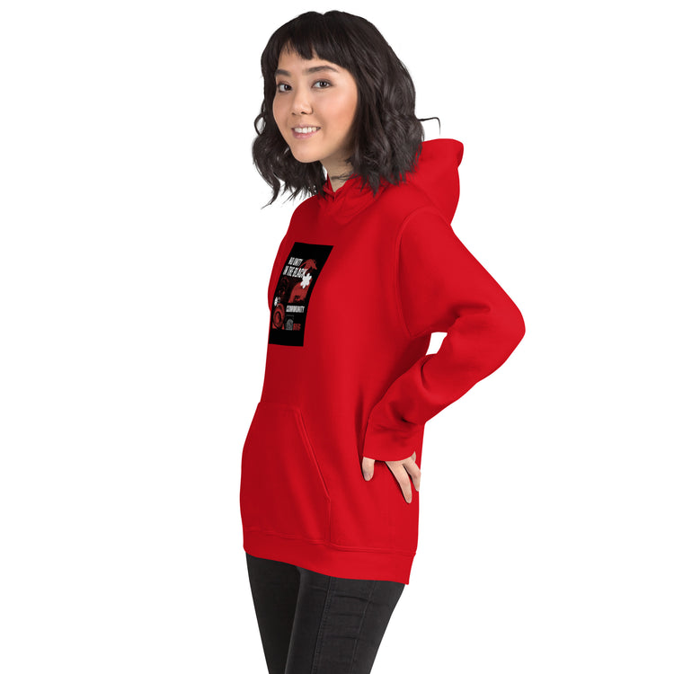 Unisex pullover hoodie, red, front graphic and hood with long sleeves