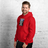 Unisex red pullover hoodie with hood and chest graphic, front pouch pocket