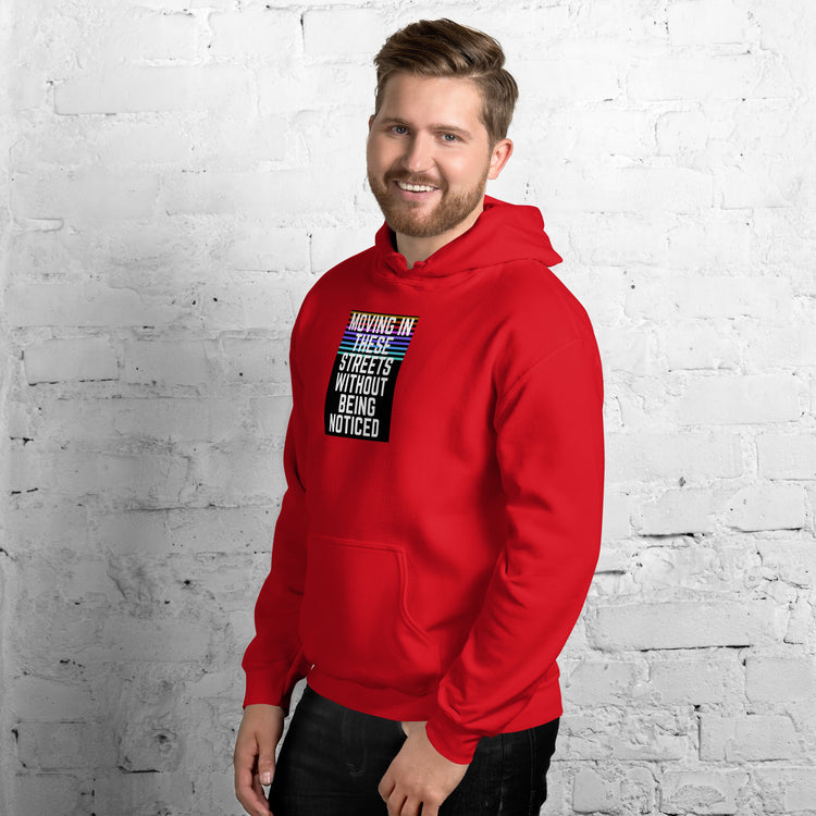 Unisex red pullover hoodie with hood and chest graphic, front pouch pocket