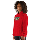 Unisex red hoodie with hood, kangaroo pocket, and chest graphic