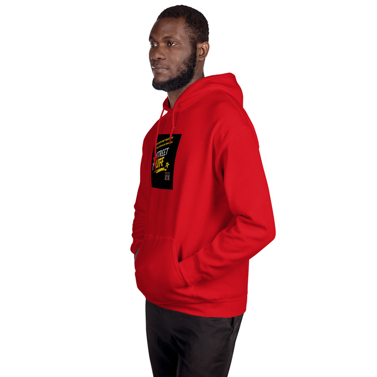 Red unisex hoodie side view with chest graphic logo patch and front pouch pocket
