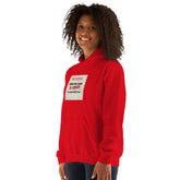 Red hoodie front view with square chest graphic patch and kangaroo pocket
