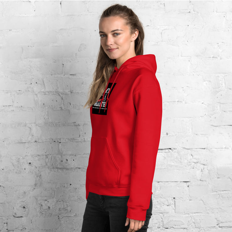 Unisex red hoodie with hood and front chest graphic