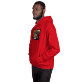 Red unisex hoodie with front graphic, hood, and kangaroo pocket (side profile)