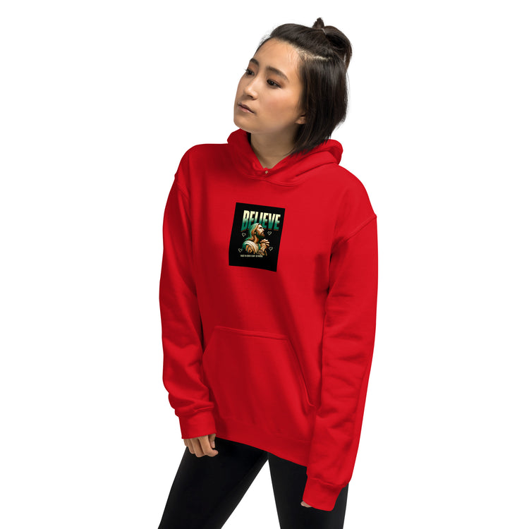 Red unisex hoodie with chest graphic and kangaroo pocket