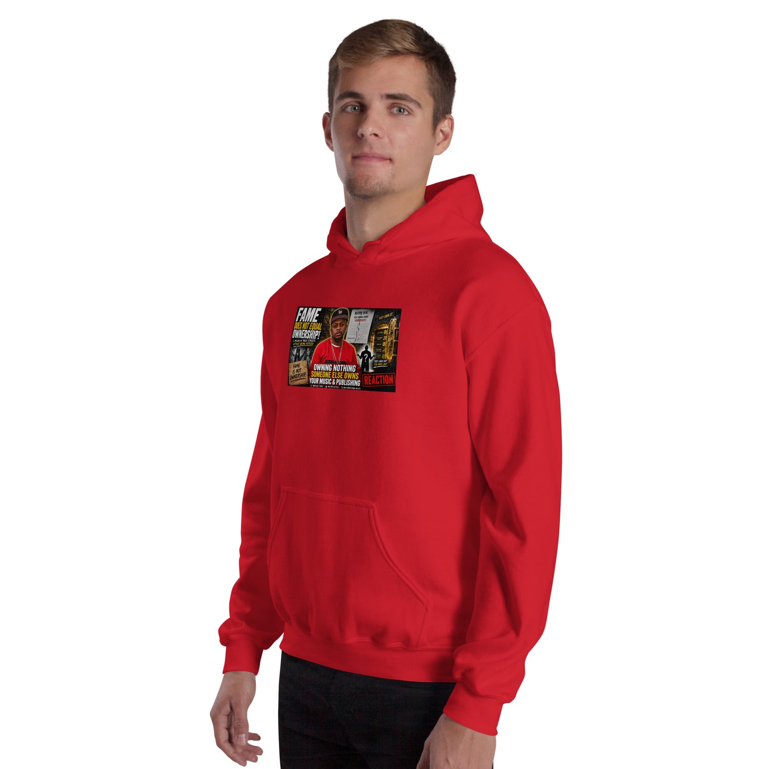 Red unisex hoodie with hood, kangaroo pocket, and chest graphic print
