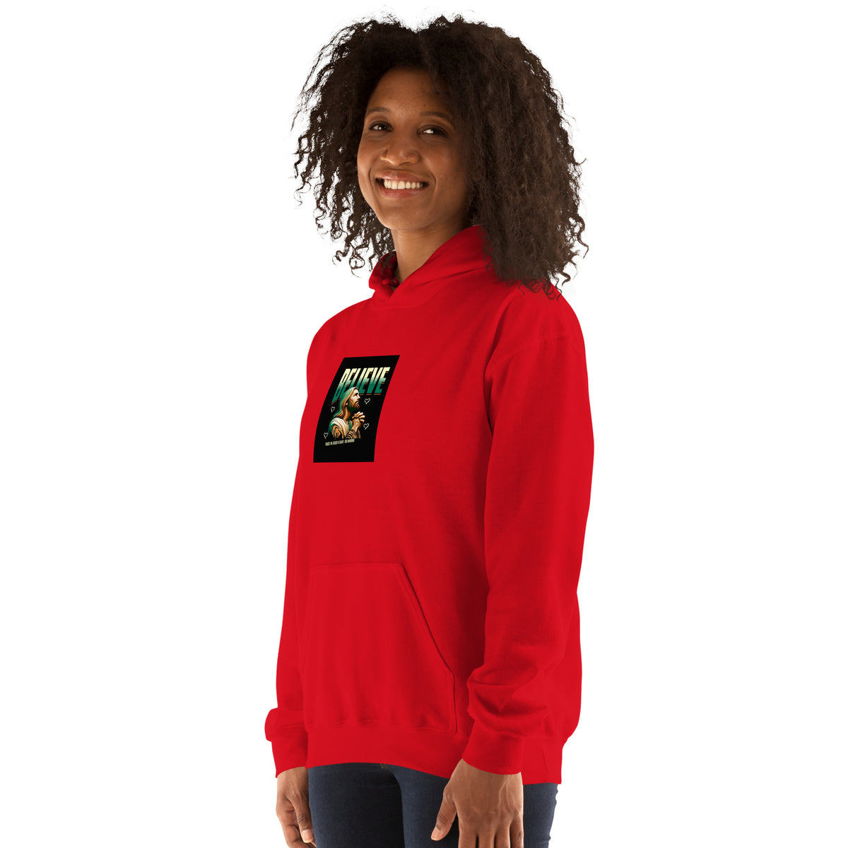 Red pullover hoodie with hood and small chest graphic patch.