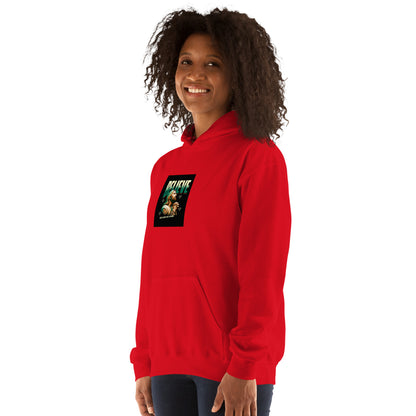 Red pullover hoodie with hood and small chest graphic patch.
