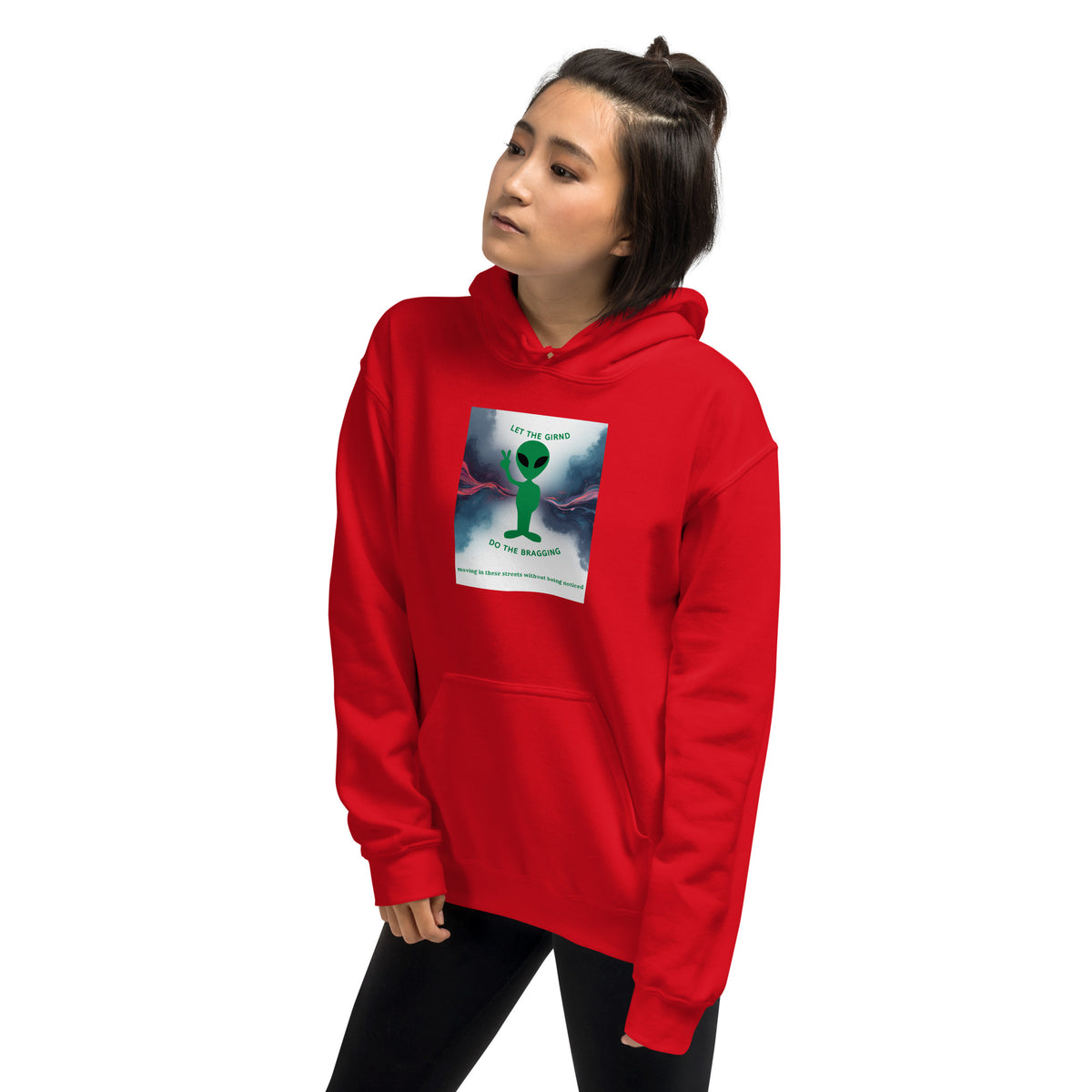Red pullover hoodie with hood, front kangaroo pocket, and chest square graphic