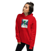 Red pullover hoodie with hood, front kangaroo pocket, and chest square graphic