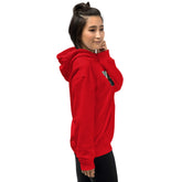 Red unisex pullover hoodie with hood, kangaroo pocket, and chest graphic