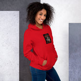 Unisex red hoodie with chest graphic patch and kangaroo pocket