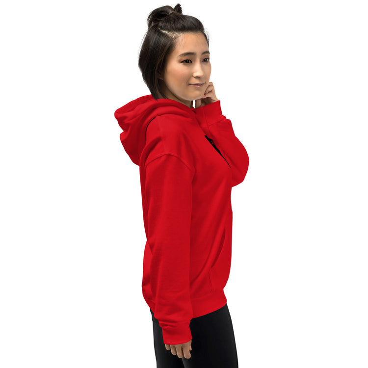 Red unisex hoodie side view with hood and front pocket