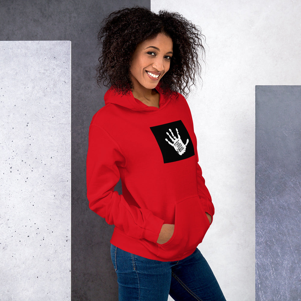 Moving In These Streets unisex hoodie rot, vorne Handprint-Grafik und Kapuze