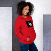 Unisex pullover hoodie, red, hooded with front pocket and white hand graphic patch