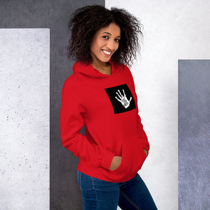 Moving In These Streets unisex hoodie rot, vorne Handprint-Grafik und Kapuze