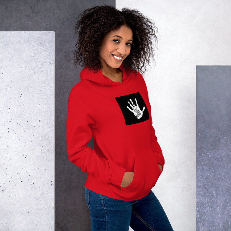 Unisex pullover hoodie, red, hooded with front pocket and white hand graphic patch