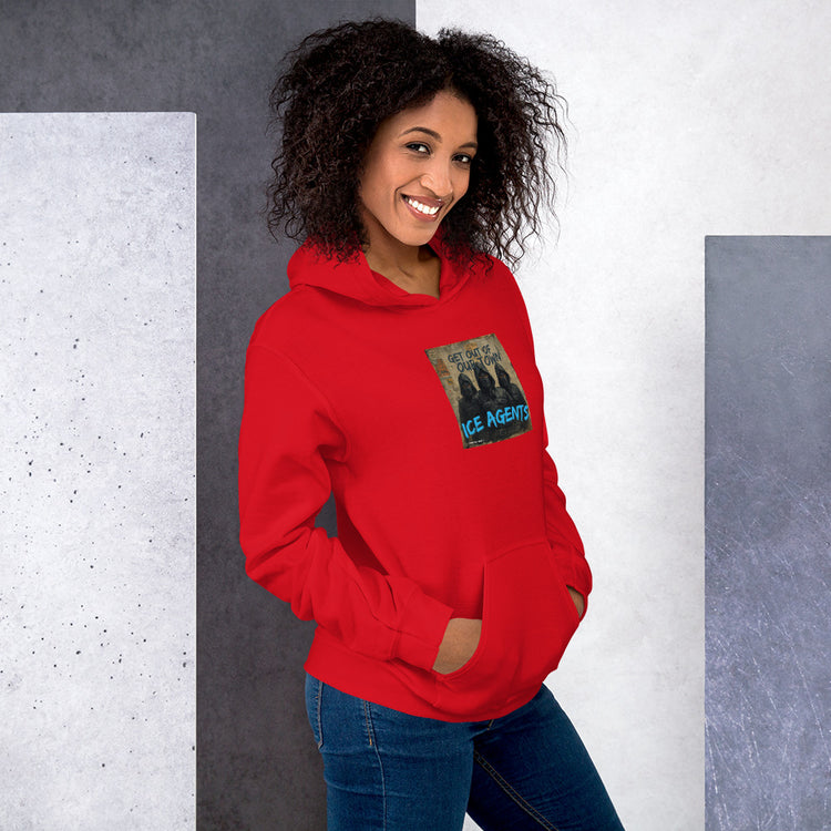Unisex red hoodie with front “Ice Agents” graphic patch on the chest