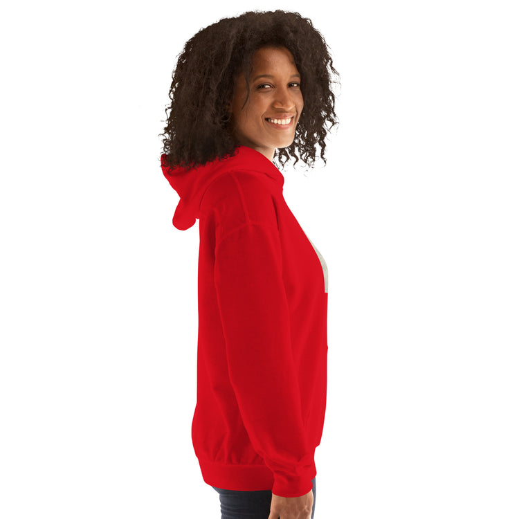 Red hoodie side profile with hood and kangaroo pocket, unisex streetwear fit
