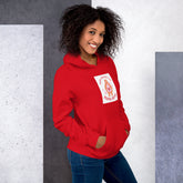 Red hoodie with hood and chest graphic patch, front view