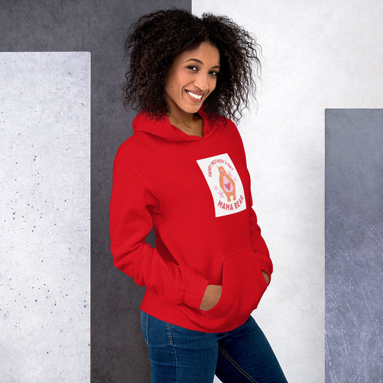 Red hoodie with hood and chest graphic patch, front view
