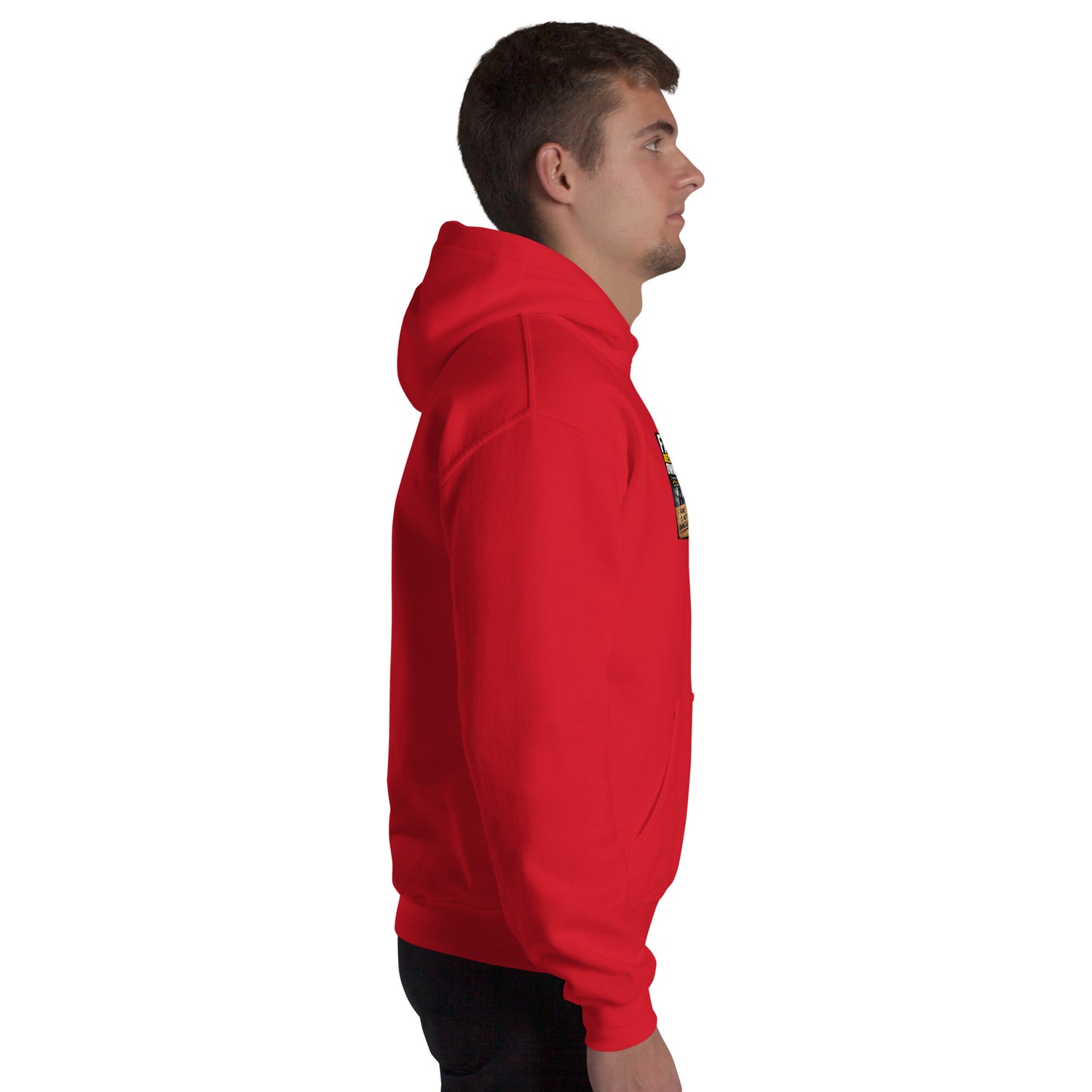 Red unisex hoodie side view with hood and sleeve graphic