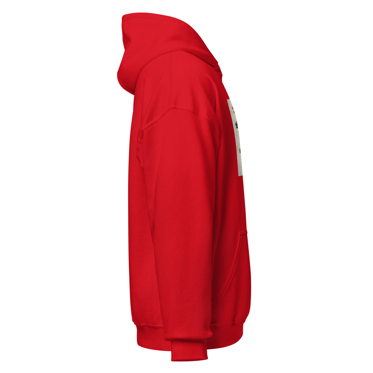 Red pullover hoodie, side view with hood and kangaroo pocket