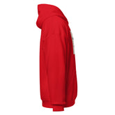 Red pullover hoodie, side view with hood and kangaroo pocket