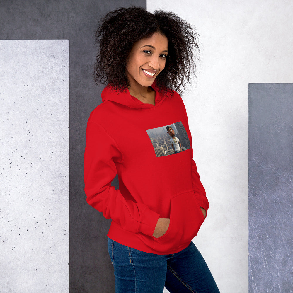 Red pullover hoodie with hood, front pouch pocket, and graphic photo patch on chest