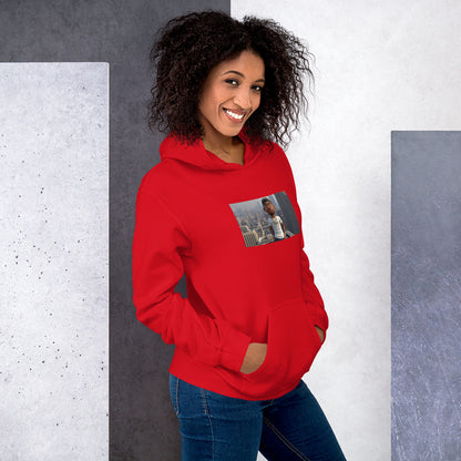 Red pullover hoodie with hood, front pouch pocket, and graphic photo patch on chest