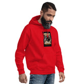 Red unisex hoodie with front graphic print and kangaroo pocket, hood up
