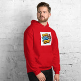 Red unisex hoodie with colorful front logo graphic and kangaroo pocket