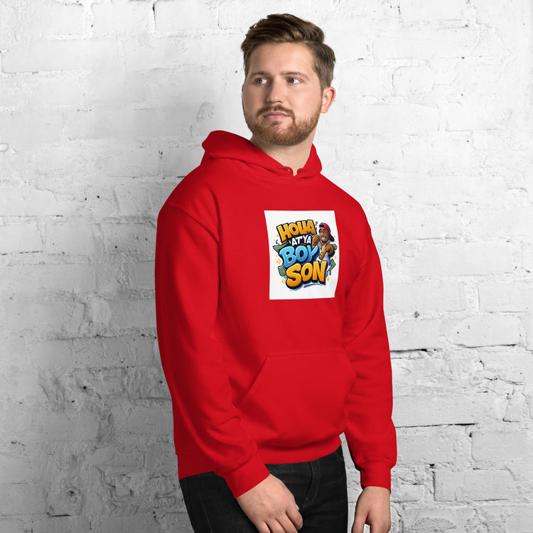 Red unisex hoodie with colorful front logo graphic and kangaroo pocket