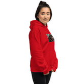 Red unisex pullover hoodie with hood, kangaroo pocket, and chest graphic