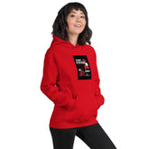 Unisex pullover hoodie, red, chest graphic and kangaroo pocket