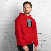 Unisex red pullover hoodie with hood and center chest graphic, kangaroo pocket